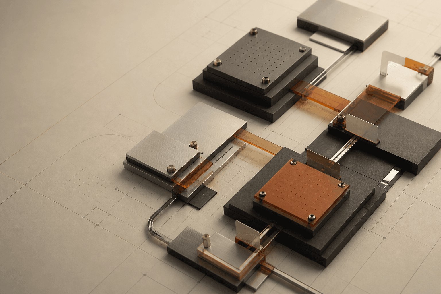 Módulos de metal, acrílico y aluminio conectados como la arquitectura de un producto SaaS