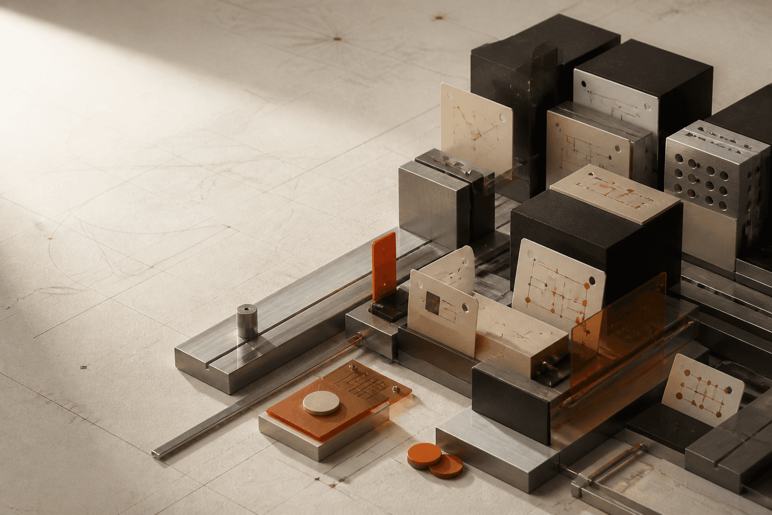 Sistema modular de bloques de metal, acrílico y tarjetas de flujo sobre una mesa de trabajo